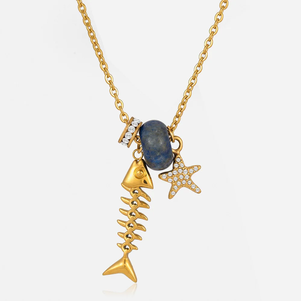 Gold Plated Lapis Lazuli Fish Bone Starfish Necklace Women's Ocean Retro Style Zircon Inlaid Daily Versatile Vacation Layered Fa