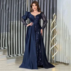 Customized Temperament Long Sleeve Patchwork Satin Backless A-line Evening Dresses Lace Banquet Dress Party Prom Gowns for Women