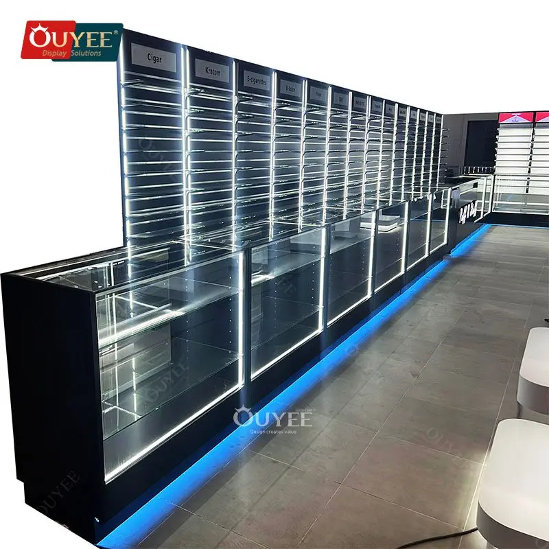 Customized-Shop Furniture Display Shelf Led Modern Glass Display Table Interior Design Cigar Store Smoke Shop Retail Dis