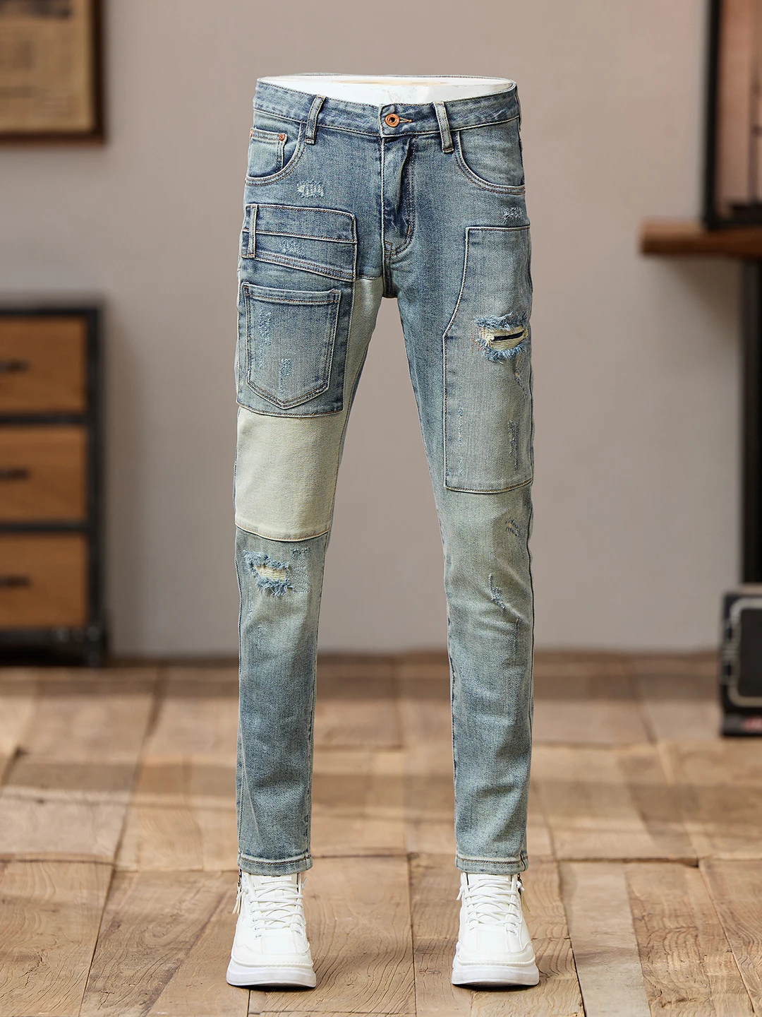 

Модные мужские джинсы-скинни в уличном стиле с рваными элементами, осенне-зимние, стильные, с лоскутным дизайном, из эластичного хлопкового денима