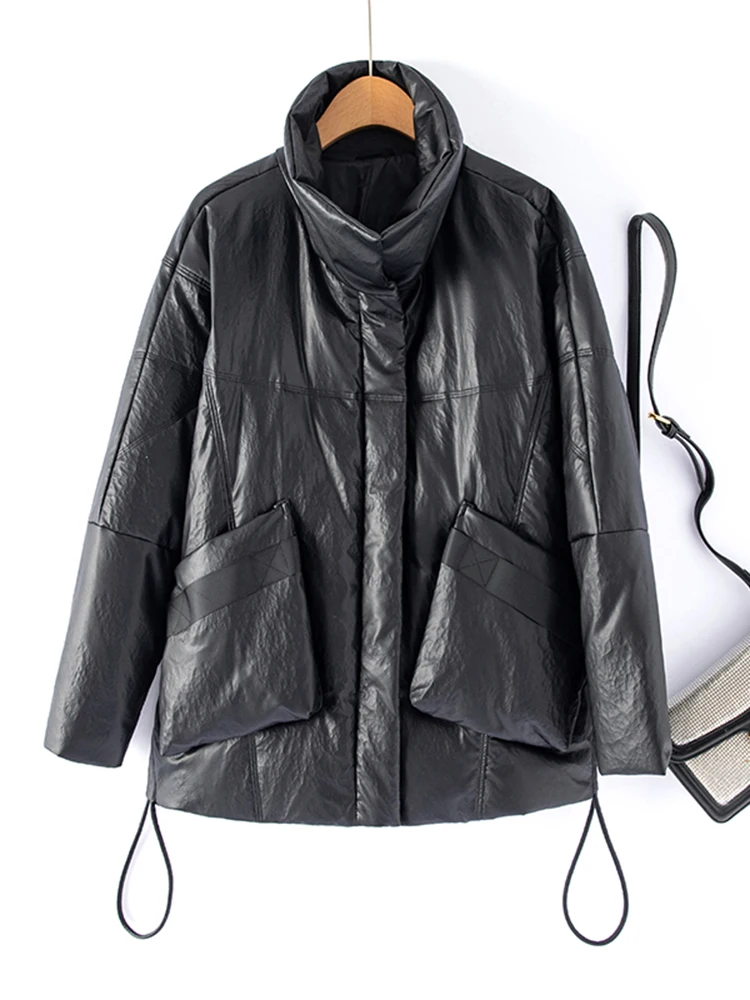   เสื้อโค้ทหนังแท้ Ning สำหรับผู้หญิง ฤดูหนาว หนังแกะ ความยาวปานกลาง สีขาว ขนเป็ด ไซส์ใหญ่ ทรงหลวม