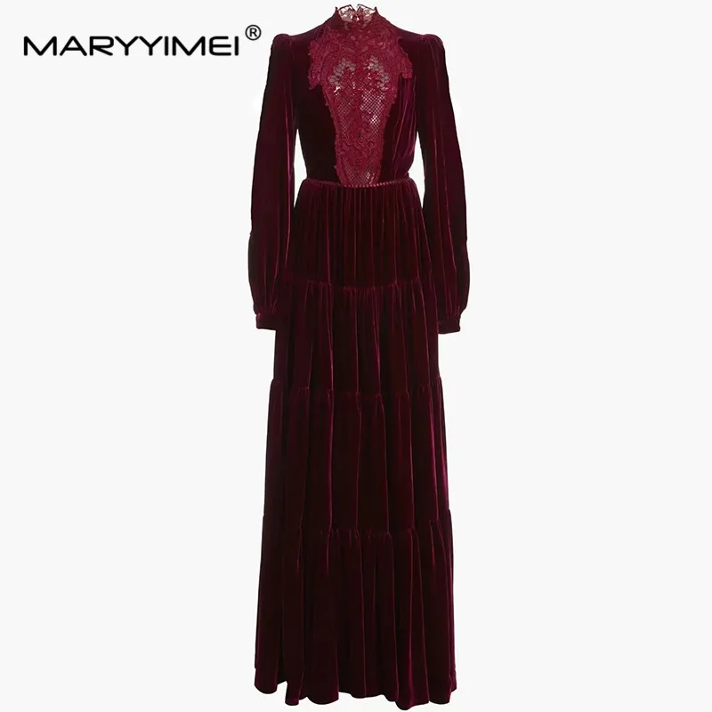 MARYYIMEI Fashion Autumn Winter Women's dress Long sleeved Lace Hollowed out embroidery Belt Vintage velvet Dresses