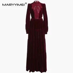 MARYYIMEI Fashion Autumn Winter Women's dress Long sleeved Lace Hollowed out embroidery Belt Vintage velvet Dresses