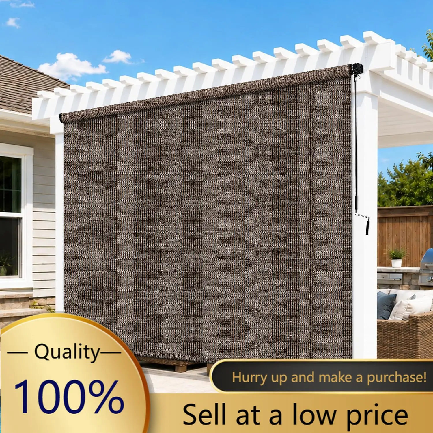 8'W x 8'H Mocha Patio Shades Roll up Outdoor Roller Shade Crank Wand Blind Cordless, 90% UV Blocking & Privacy Protection for Po