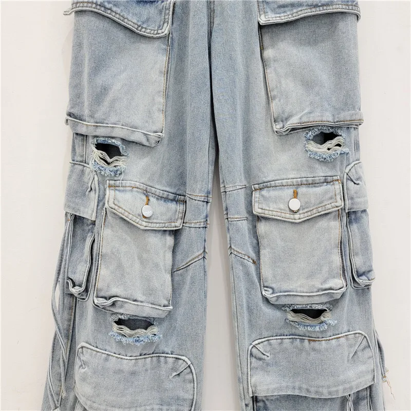 ANJY otoño nuevas mujeres Chic Cargo Jeans multi-bolsillo rasgado recto estilo Safari High Street moda Casual Y2K pantalones vaqueros A9395