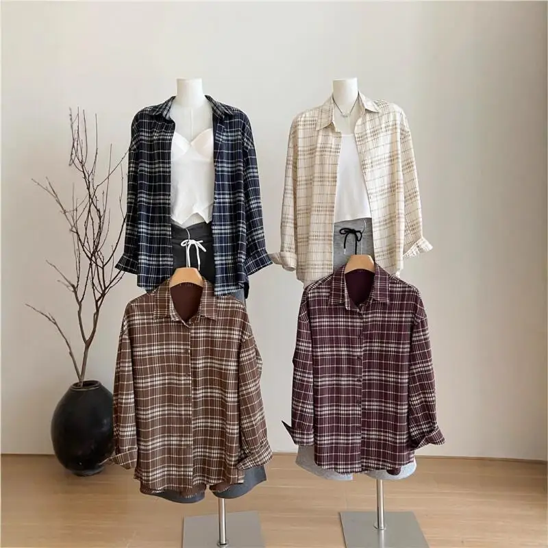 Camisa de rejilla retro azul para primavera y otoño para mujer, nuevo modelo de otoño, abrigo de manga larga de estilo francés, básico etéreo sofisticado informal