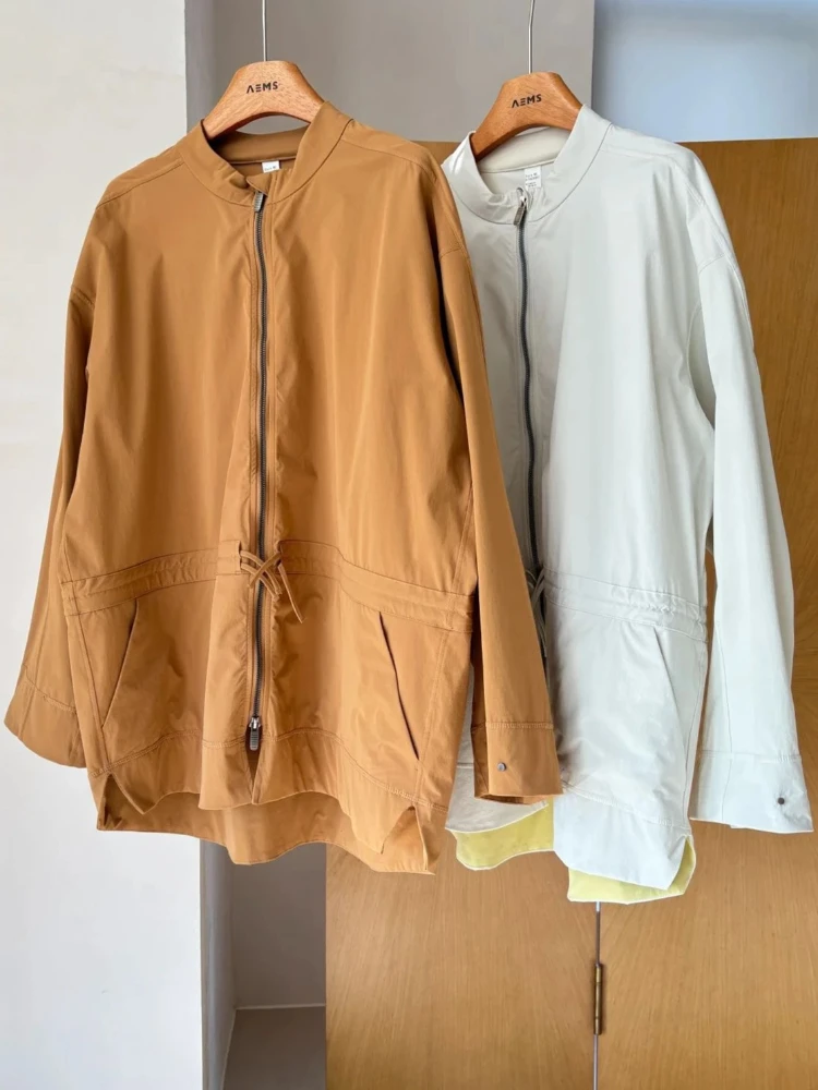 

AutumnWomen‘s Long Trench Coat LUL Zipper Solid Orange White Windbreaker Waist Drawstring Casual Loose Coats and Jackets Women