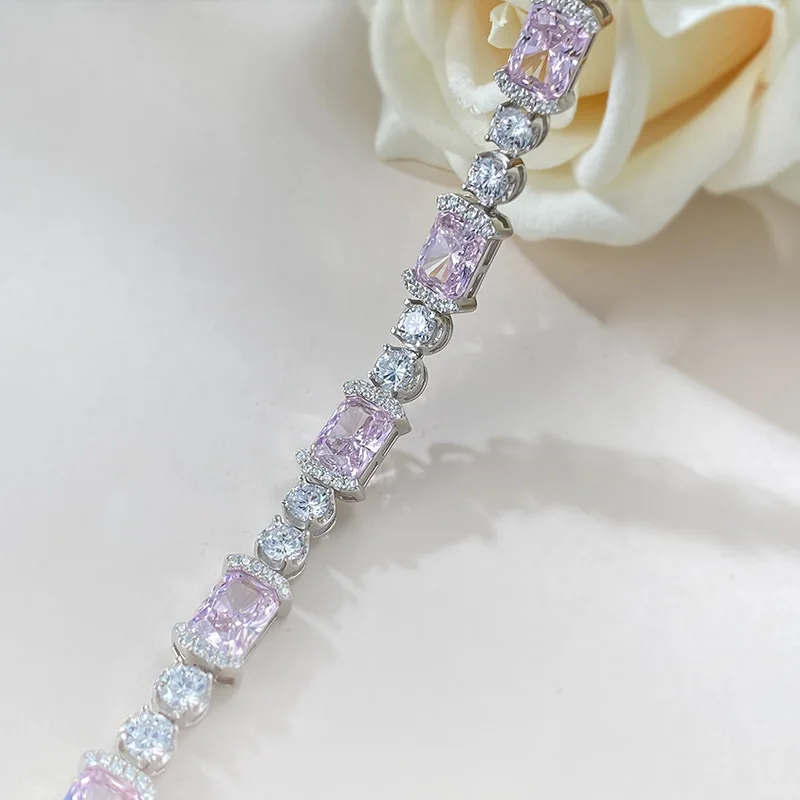 S925 Silver Bracelet Ice Cut 6 * 8 Pink Diamond Inlay Group Set with Full Diamond, Simple and Versatile Bracelet Jewelry