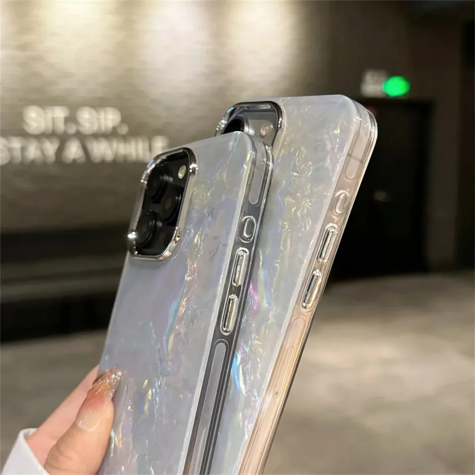 Laser Sea Shell Pattern IMD Phone Case for iPhone 11 12 13 14 15 Pro Max 7 8 Plus X XR XS Max Plating Shockproof Ultrathin Cover