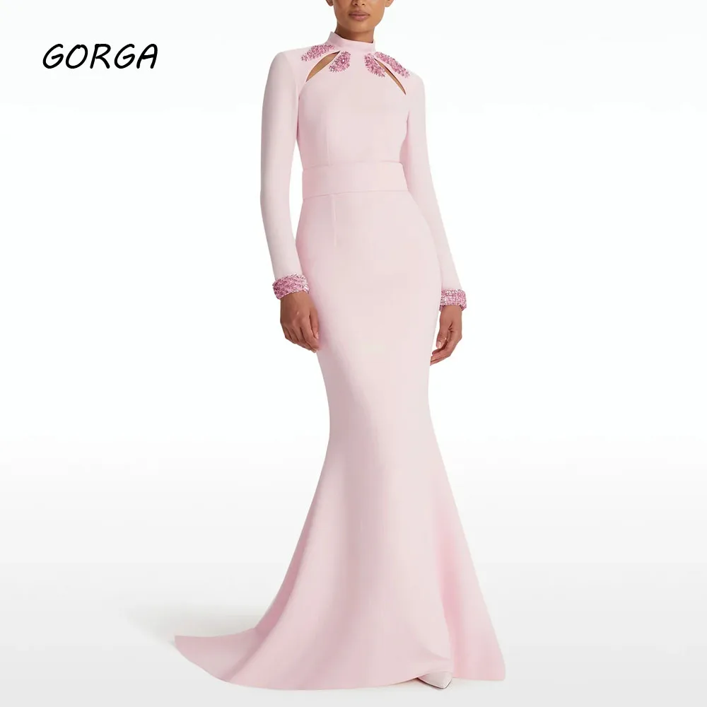 

GORGA Pink High Neck Beading Mermaid 2024 Slim Crepe Long Sleeve Ocassion Gown Floor-Length Formal Evening Dress