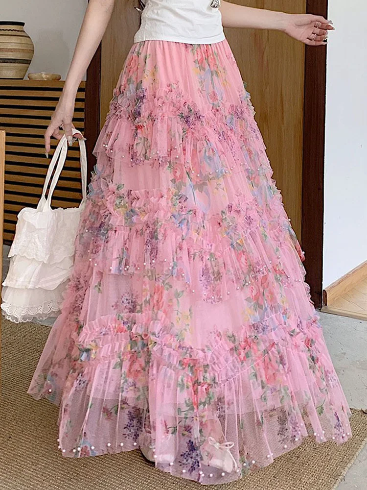 Beading Irregular Ruffled Tiered Tulle Skirts for Women 2026 Summer Fashion Floral Print High Waisted Strechy Layered Midi Skirt