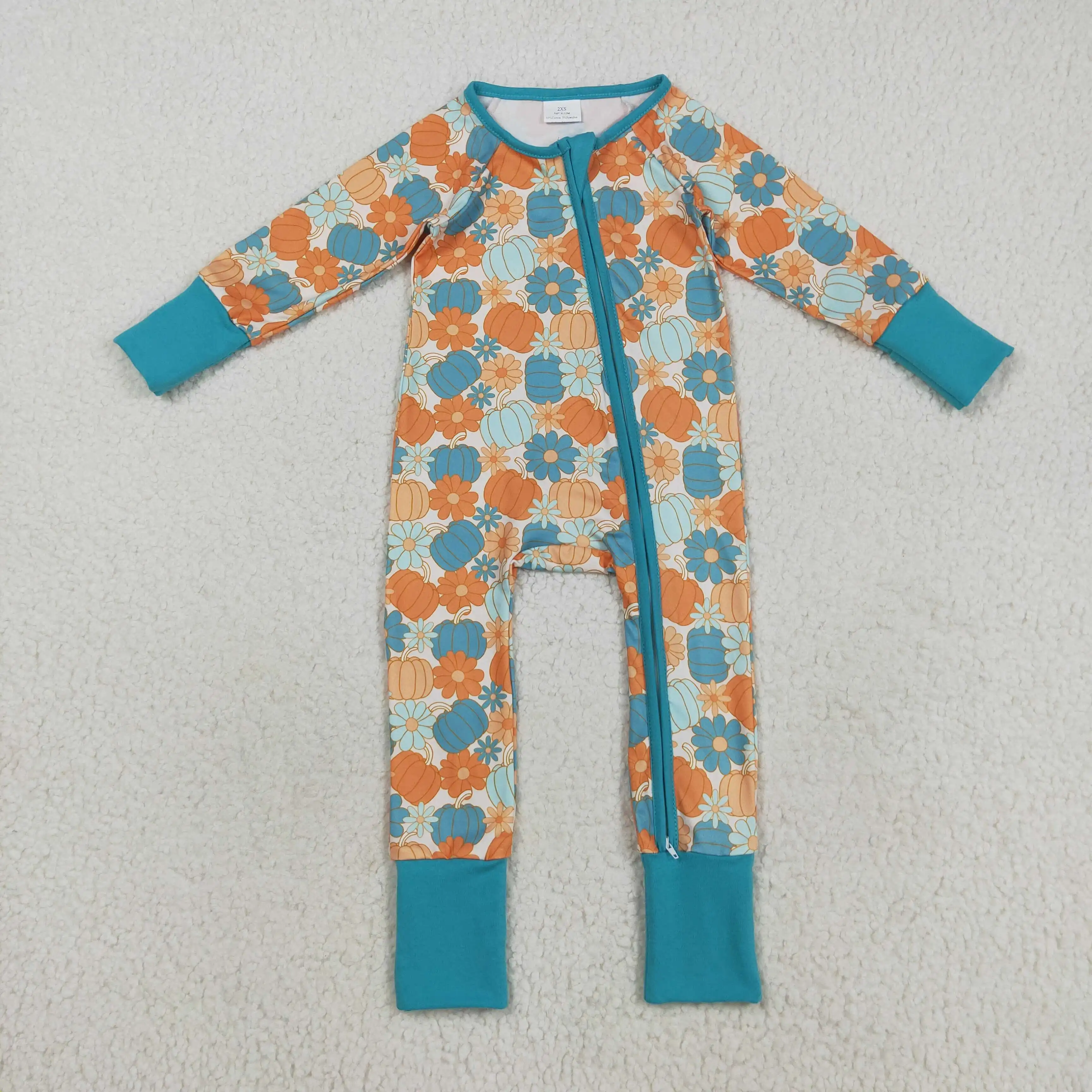 

8.16y Baby Boys Thanksgiving Boutique Romper Blue Pumpkin Flower Print Long Sleeve Zipper Onesie for Infants