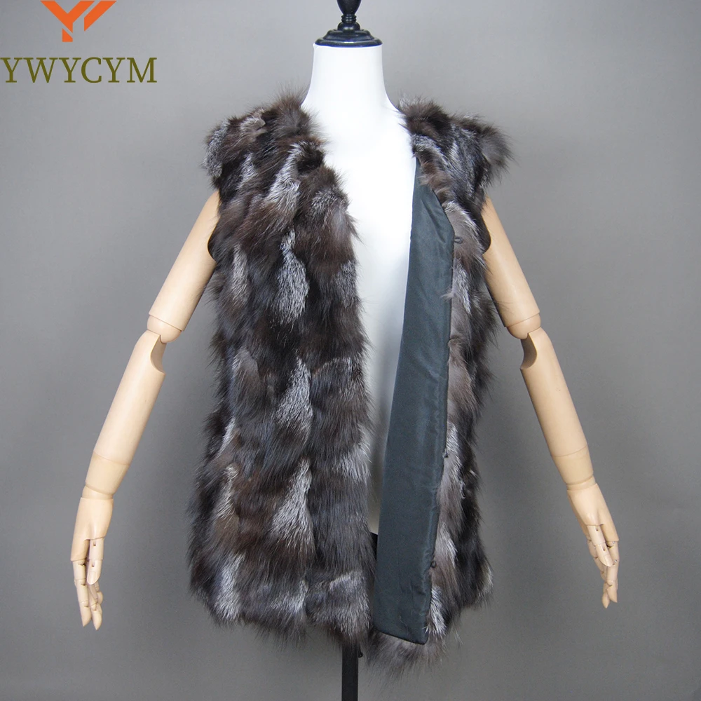 New Women Autumn Winter Long Style 100% Genuine Real Sliver Fox Fur Vest Natural Fox Fur Sleeveless Coat Lady Real Fox Fur Gilet