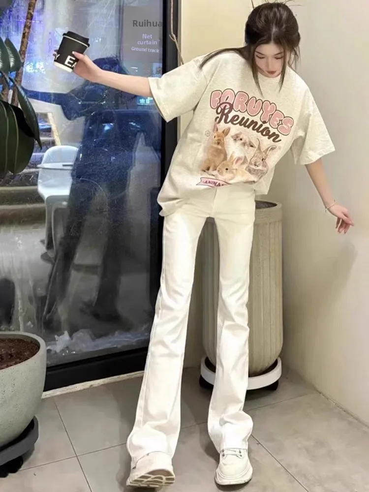 

White Casual High Waist Bell Bot Jeans Women's Spring New Elastic Slimming Straight Leg Long Pants Versatile Summer Wear