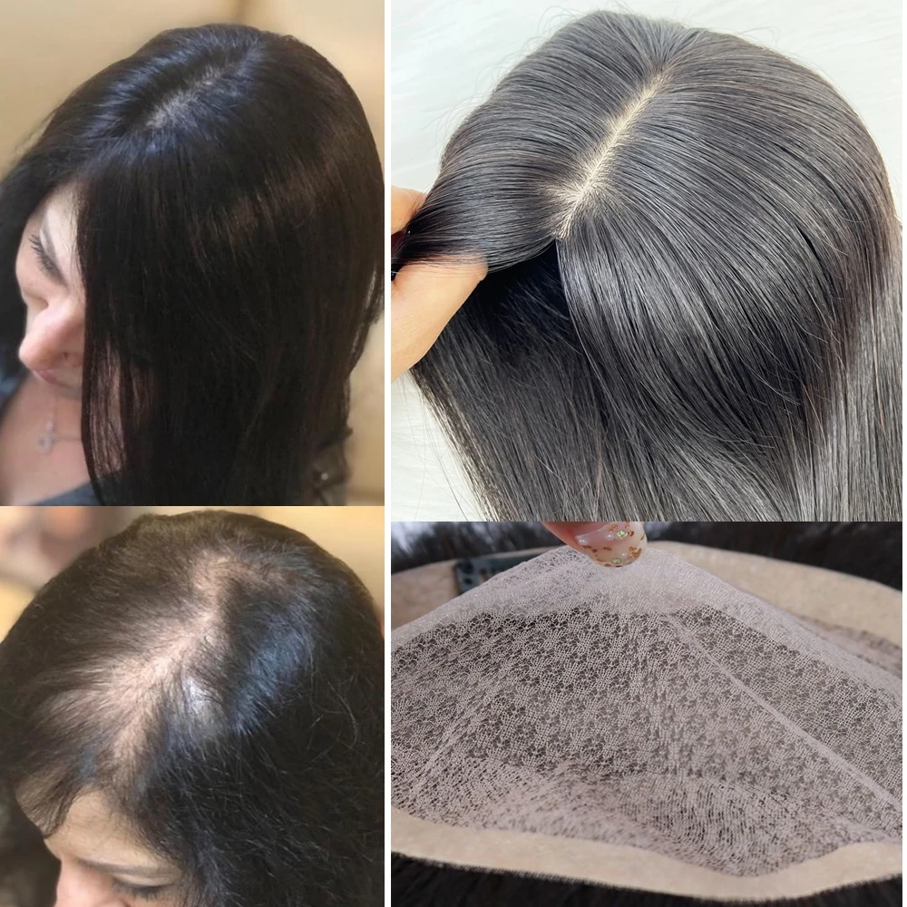 15X17 cm Base en soie femmes Topper avec 4 Clips en postiche malaisie vierge cheveux humains toupet respirant soie haut naturel bébé cheveux