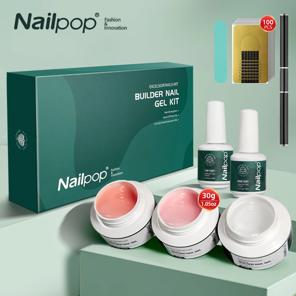 Nailpop 3 cores construtor kit de gel para unhas claro nu rosa gel 30g conjunto de manicure para arte em unhas conjunto de extensão de unhas com base superior coat
