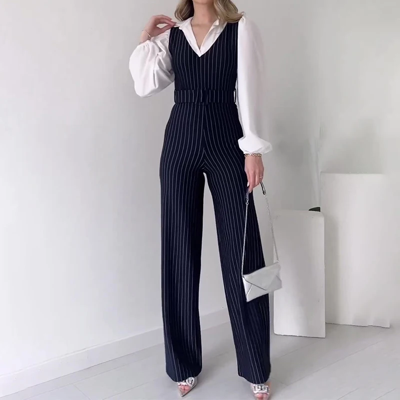 White Collar Striped Wide Leg Work Jumpsuit Simple Stitching Lapel Collar Lantern Sleeve Women's Romper Elegant Long Combination