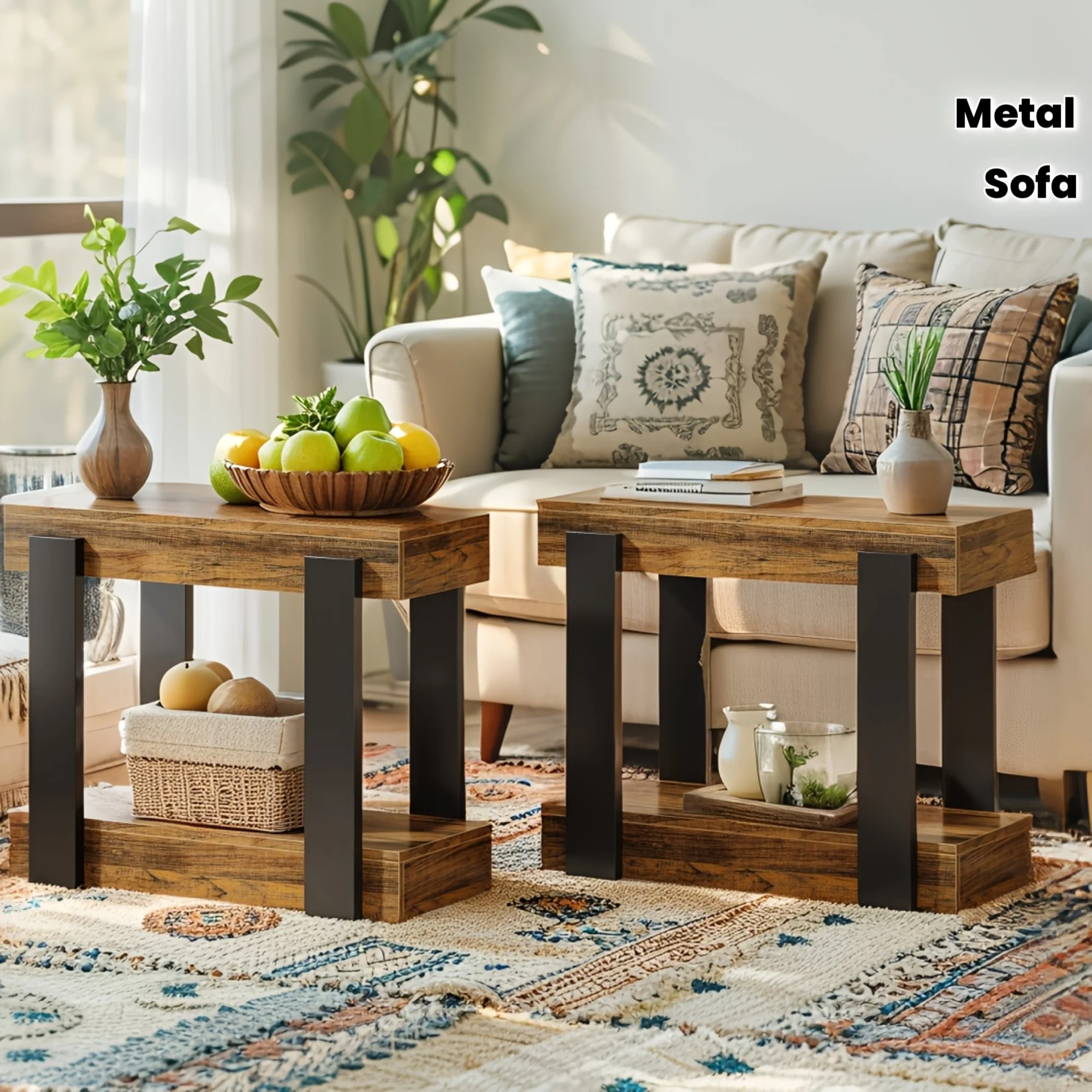 

Rustic Farmhouse 2-Tier Narrow End Table with Open Storage, Solid Walnut Wood & Matte Black Metal Legs – Space-Saving Side Table