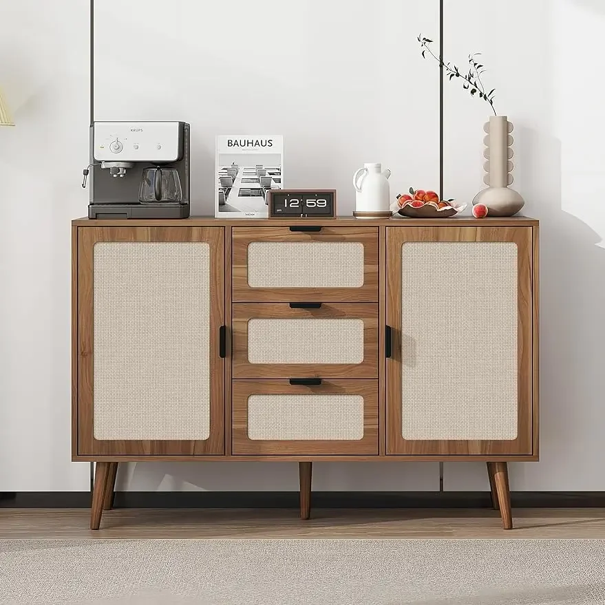 Sideboard Buffet Cabinet with Storage - Natural Rattan 2 Door 3 Drawer Dresser, Accent Storage Cabinet with Door