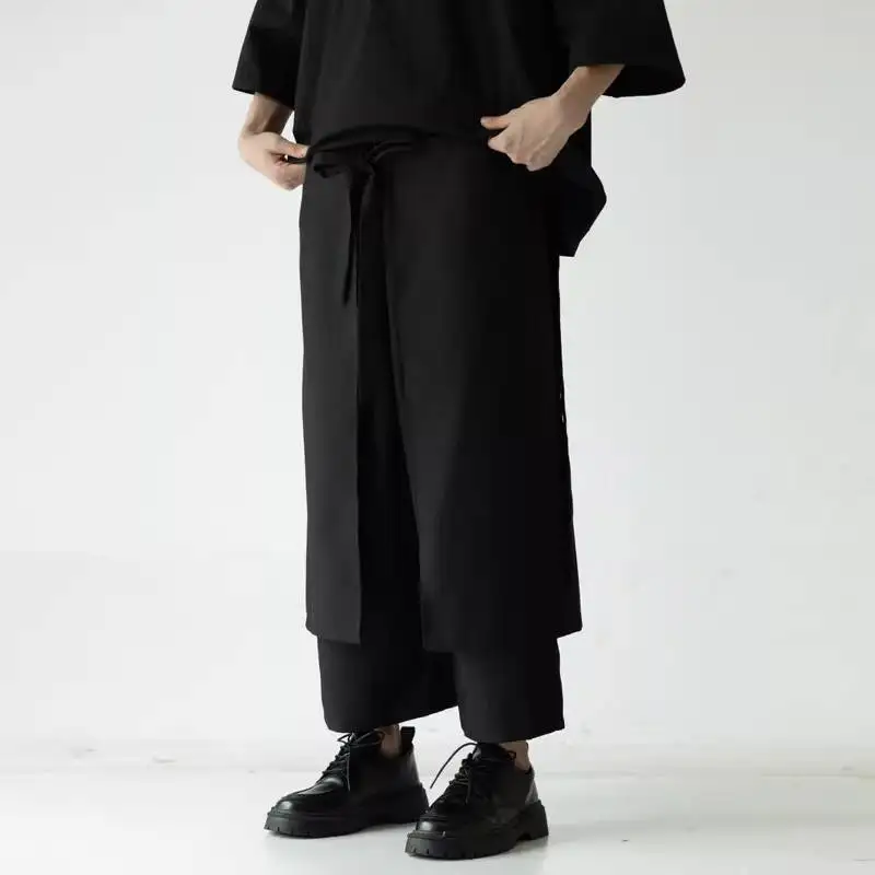 Men's Casual Pants-Style Wide-Leg With Ribbon Layers, Dark Casual Cropped Pants, Japanese Original Trendy Brand Unisex Skirt Pan