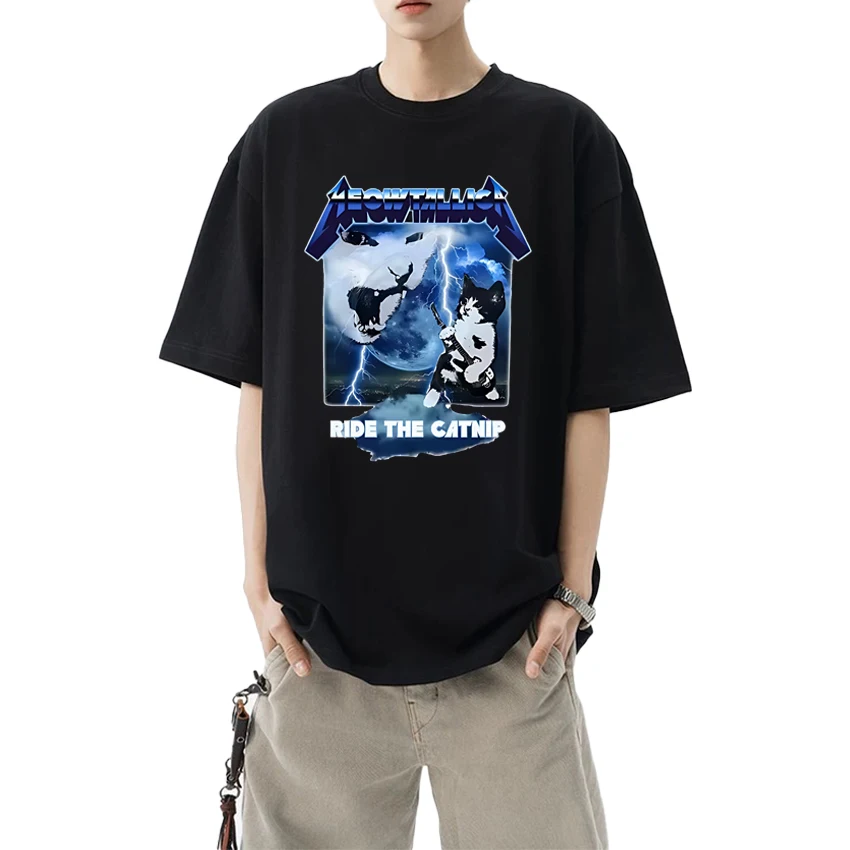 

Hip Hop Meowtallica Funny Heavy Metal Band Cats print T Shirt Men Women Fashion Casual short sleeve T-shirts Unisex Cotton Tops