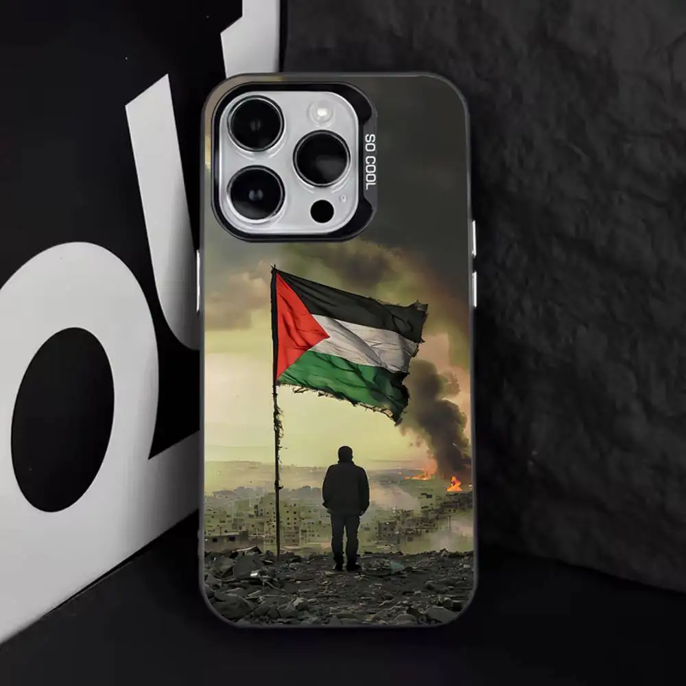 حافظة هاتف P-Palestine-es-F-Flag MAP لهاتف iPhone 16,15,14,13,12,11,8,7,Pro,Max,Plus,Mini,XS,SE مضادة للسقوط باللون الأسود غير اللامع