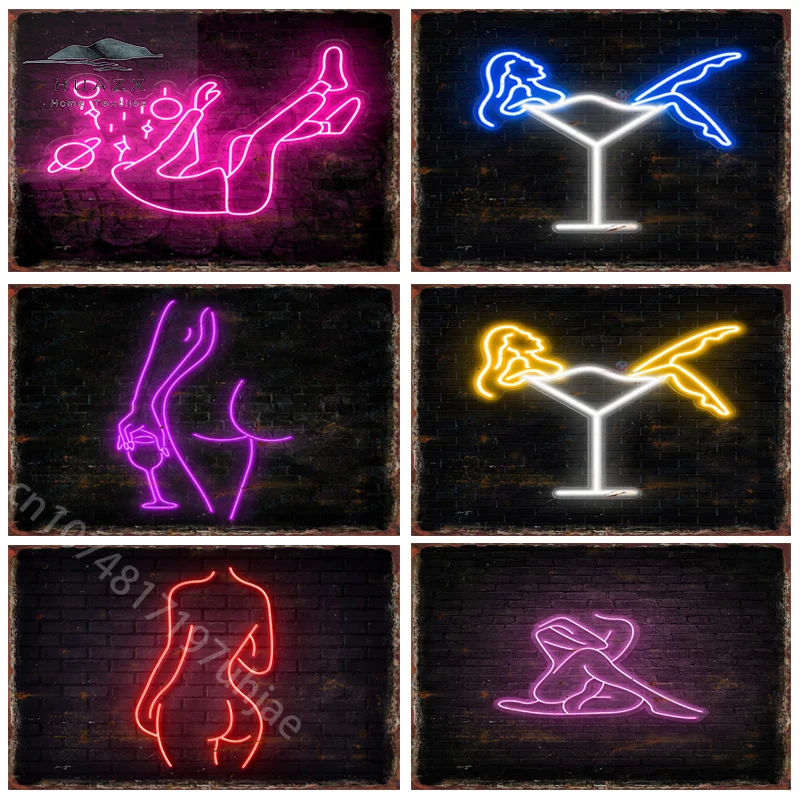 Sexy Woman Neon Metal Tin Signs for Home Bedroom Wall Art Decoration Hallway Party Festival Plaques Coffee Shop Bar Club Posters