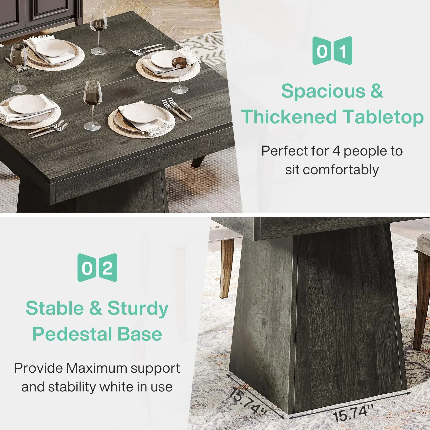 Tribesigns Square Dining Table for 4, 31.5-Inch Kitchen Table Small Dinner Table with Sturdy Pedestal Base, Farmhouse Dining Roo