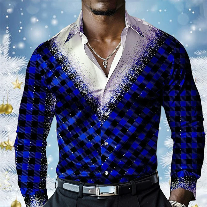 

2025 Christmas Men's Plaid Shirt 12 Colors Formal Long Sleeve Fashion Casual Party Evening Wear Autumn Lapel Shirt 3D Printing