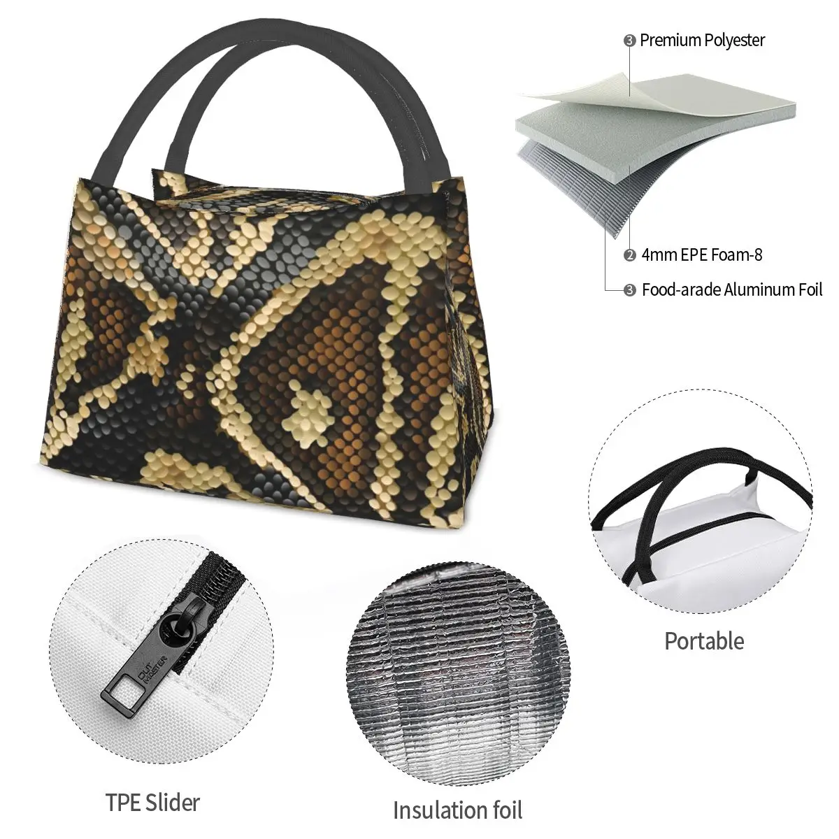 Brown Beige Snakeskin Design Lunch Bag Ball Phyton Scarf Aesthetic Lunch Box School Thermal Tote Handbags Design Cooler Bag