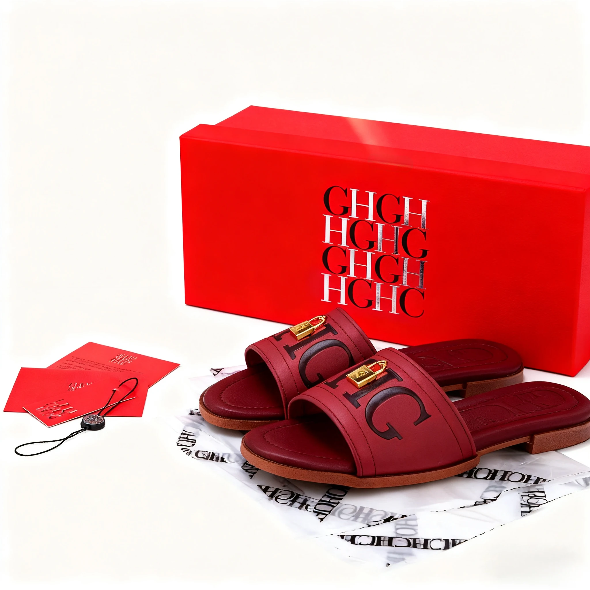 صنادل مسطحة خمر فاخرة 2025 جلد تفاصيل قفل ذهبي شبشب نسائي ولائم مساء هدية أنيقة عميقة