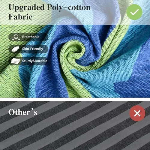 Imagen 2 del producto Hamaca portátil para acampar a rayas coloridas con bolsa de almacenamiento y diseño antivuelco con lazo para árbol, adecuada para acampar al aire libre