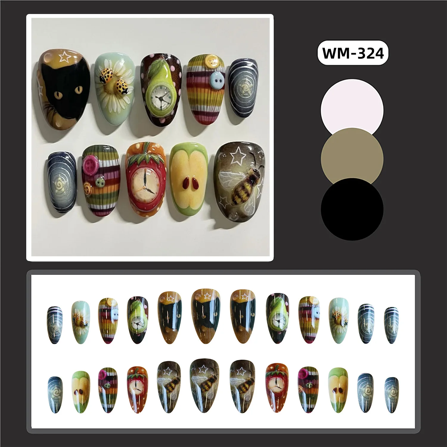 24個入り ボヘミアンスタイル つけ爪 可愛い黒猫と昆虫デザイン エステティックなプレスオンネイル ショートアーモンド型 取り外し可能なフェイクネイルチップ