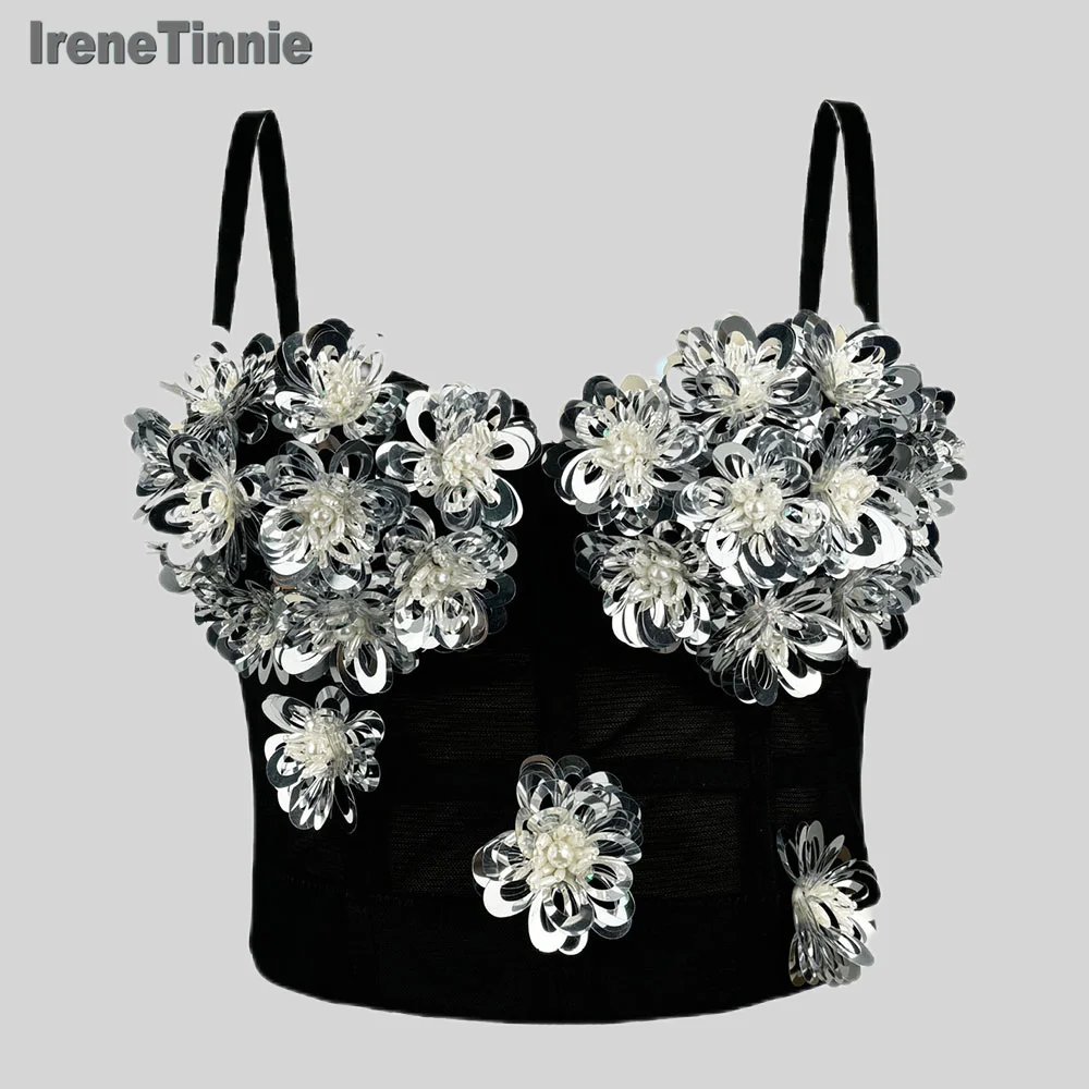 IRENE TINNIE Short Crop Top Exaggerated Embroidery Bustiers Sexy Corset Sequin Tank Top Women's Binder Bra, 2025 Fashion