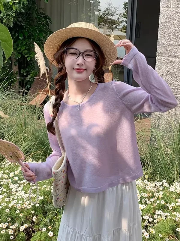 

Lightweight Long Sleeve T-Shirt Women's Outerwear with Strap Summer New Arrival Purple Lotus Leaf Sunshade Shirt Korean Style