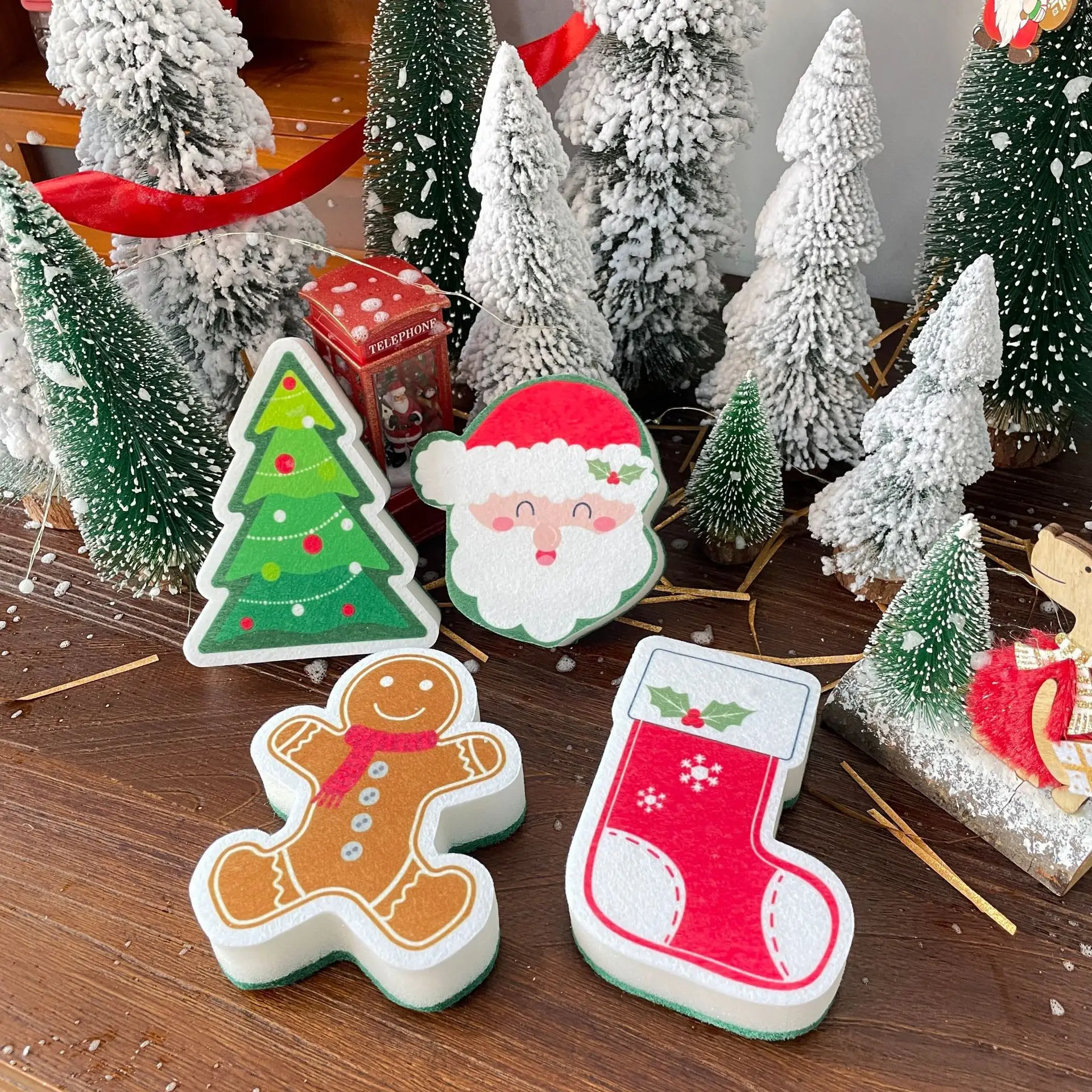 4pcs Christmas Shaped Kitchen Sponge, Cute Santa Gingerbread Tree Sock Dish Scrub,Reusable Cleaning for Pot Pan Sink, Decor Gift