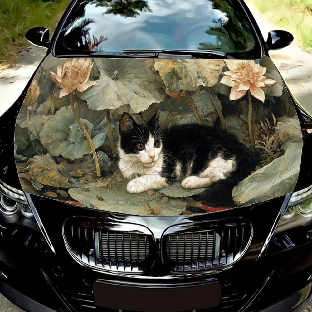 

Сладкая кошачья картина, кошка, расслабляющая на листье лотоса, наклейка на капот автомобиля, ПВХ, самоводонепроницаемая палочка, яркие автомобильные внешние аксессуары