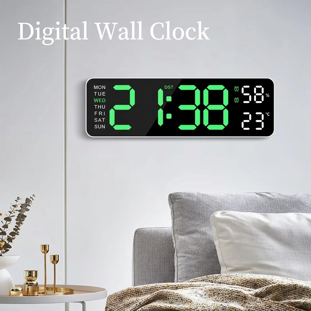 LED Digital Wall Clock Temperature Humidity Week Display 2 Alarms Brightness Adjustable 12/24H Electronic LED Table Alarm Clock