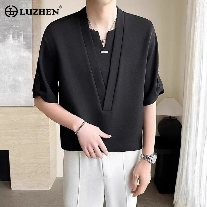 

LUZHEN 2025 Summer Original Fake Two Piece Design Short Sleeve Casual T-shirts Men's Solid Color Elegant Handsome Clothes JY3087