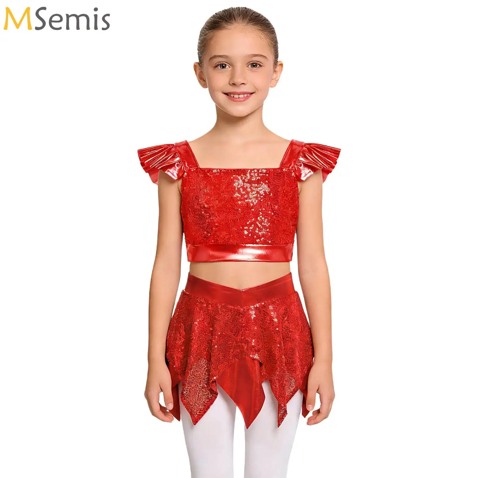 

Teen Sequins Jazz Latin Ballet Dance Costume Set Shiny Metallic Crop Top with Asymmetric Skirt Jazz Costume Competition Clothes