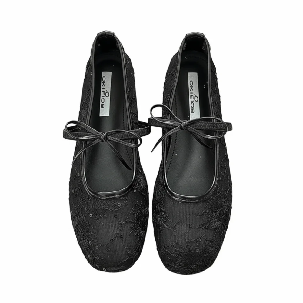 

1 пара элегантных туфель-мэри-джейн с кружевным декором, мягкой подошвой, дышащие, удобные, с бантом-бабочкой, для женщин