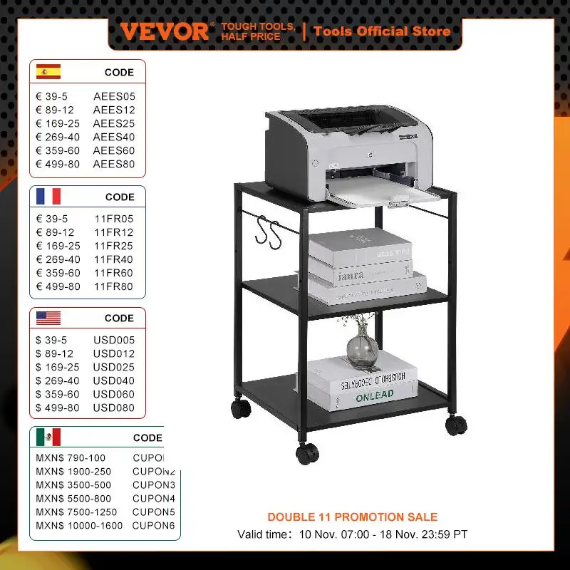 VEVOR 3 Tiers Printer Stand 420 x 350 x 600 mm Rolling Cart with Lockable Casters Waterproof & Sturdy Storage Stand for Office