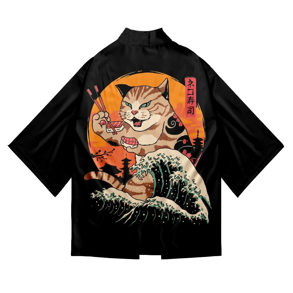 Japanese Ukiyo-e Cat Print Kimono Streetwear Men Women Cardigan Harajuku Traditional Robe Clothes Summer Beach Haori