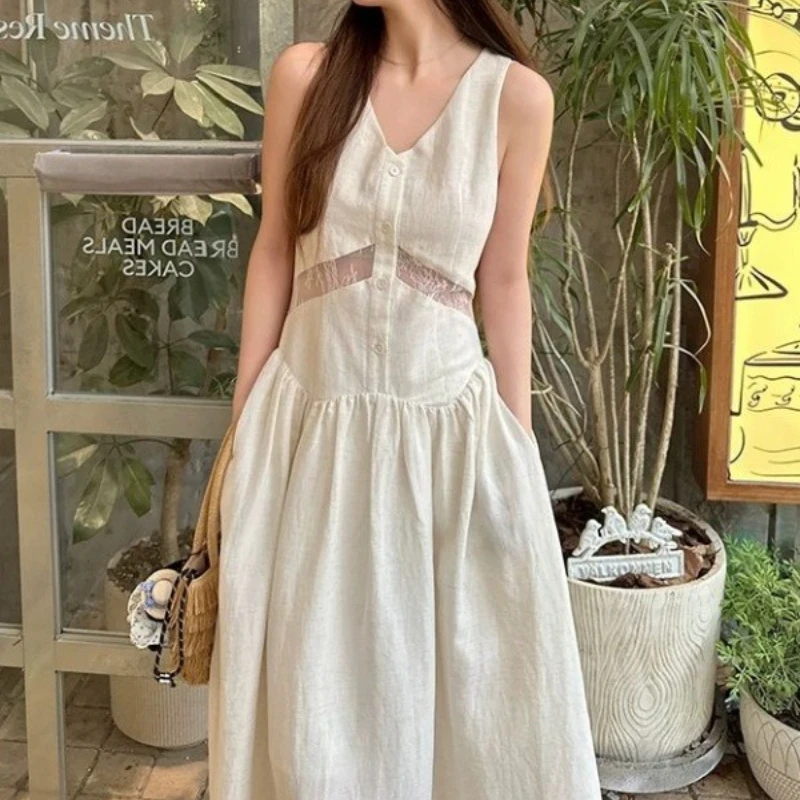

Elegant French Temperament Lace Stitching Dress 2025 Summer Fashion V-neck Slim Women's Long Skirt