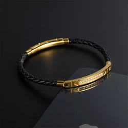 Moocare Fashion Leather with Stainless Steel Bracelet for Men Gold Plated Metal with Black Zircon Wrist ChainChristmas Gift