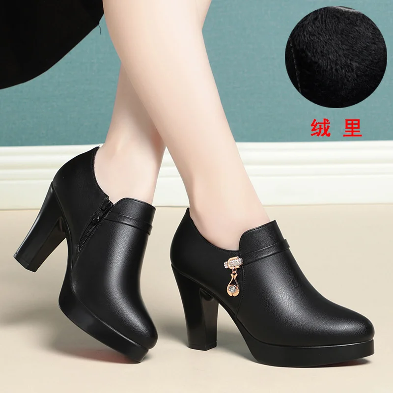 Spring Comfortable Fashion Deep Mouth Soft Leather Shoes Women\'s Platform Pumps Fall  Block Heels Office Mom Shoes