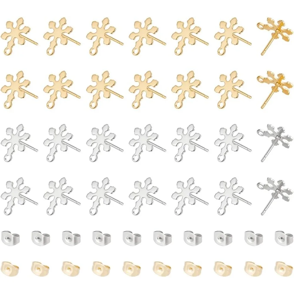 

40 Pcs 2 Colors Stainless Steel Snowflake Stud Earring Findings Stud Earring C with Loops with Earring Backs Hypoallergenic