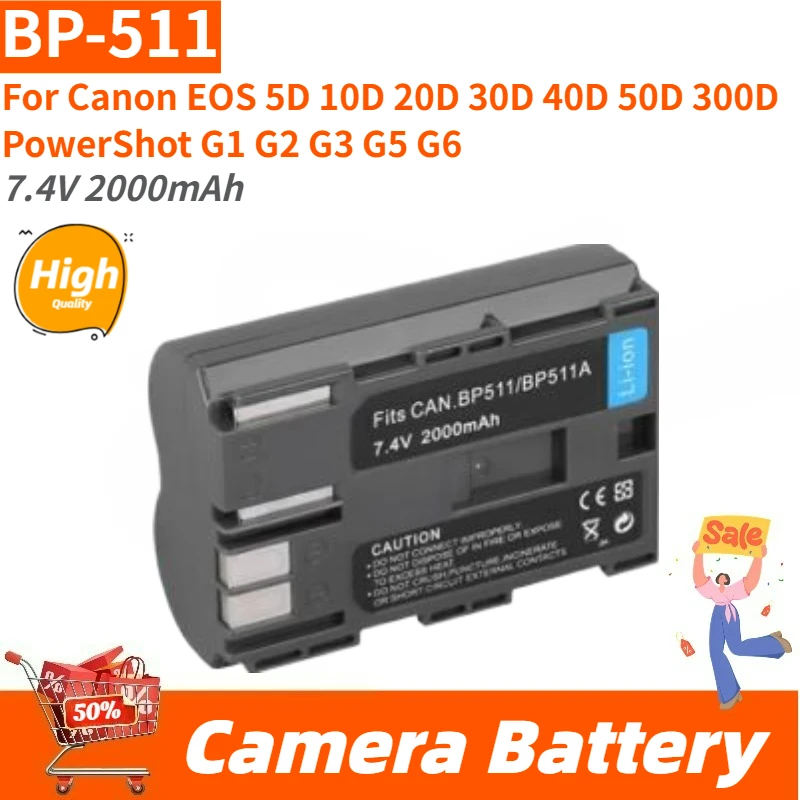 New Replacement Camera Battery 7.4V 2000mAh BP-511 for Canon EOS 5D 10D 20D 30D 40D 50D 300D PowerShot G1 G2 G3 G5 G6