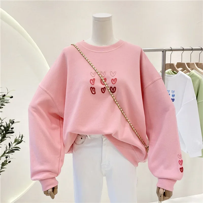 Autumn Sweatshirt Women's Loose-fit Korean Style Embroidery Jacket Versatile Top Without Hood Hong Kong Style