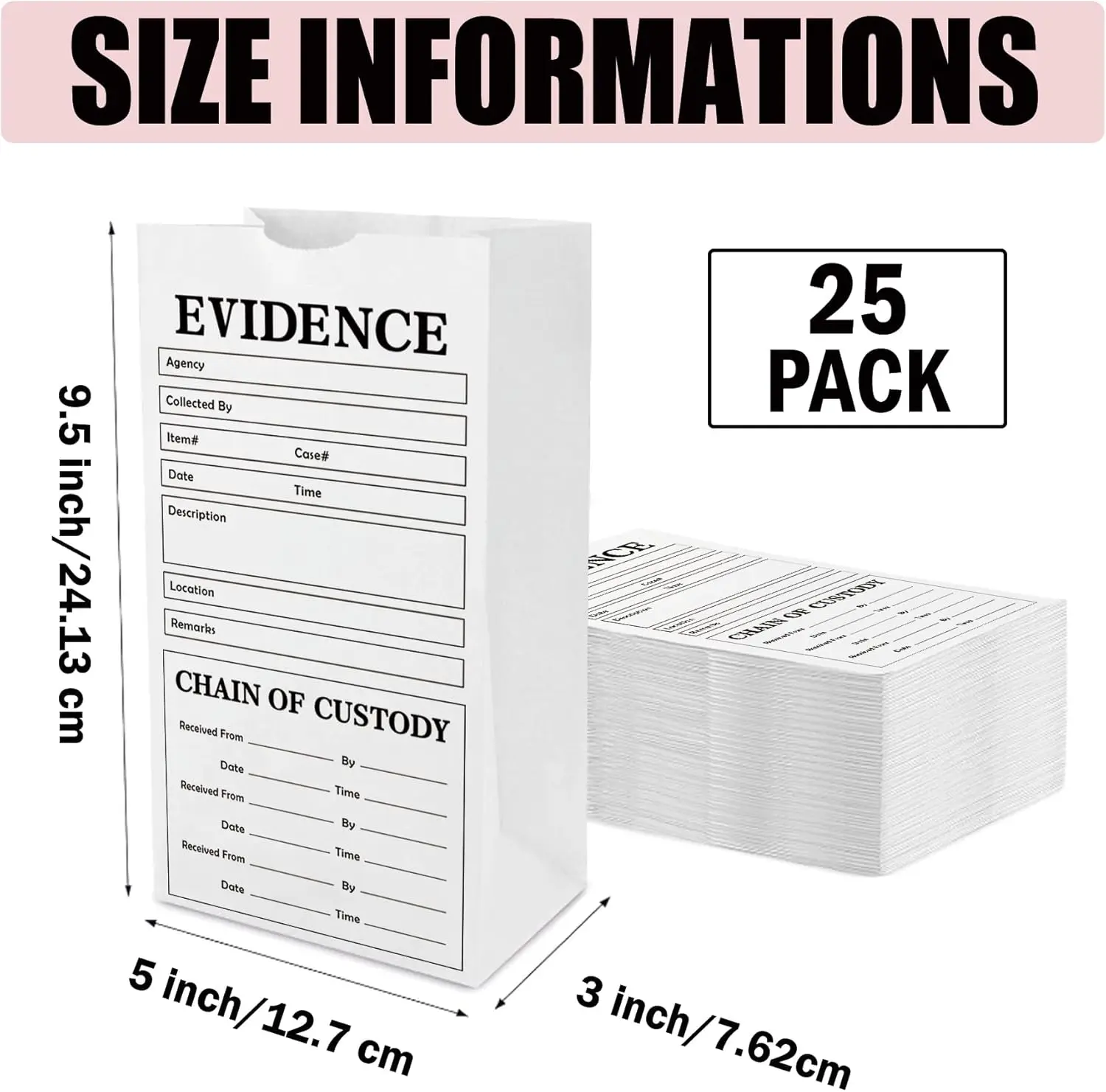 Paper Evidence Bags 25 Pack Stick on Evidence Bag 9.45 * 5 * 3 inch Evidence Bag for Forensics Class, Theme Birthday Party